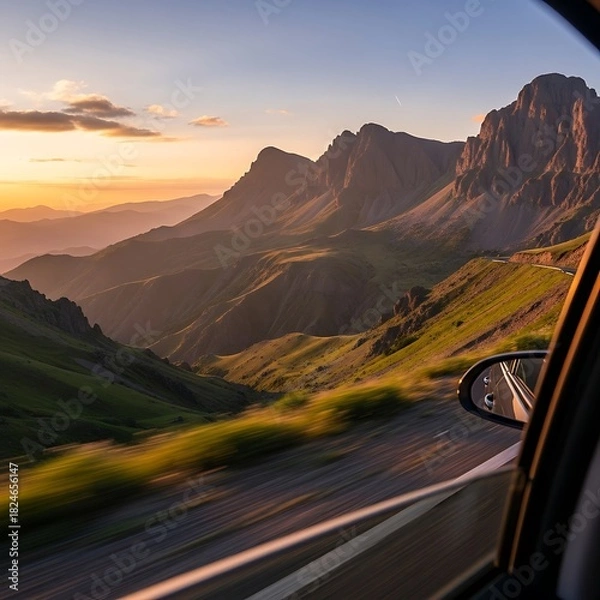 Fototapeta A scenic drive through majestic mountains at sunset, captured from a vehicle's perspective, showcasing a winding road