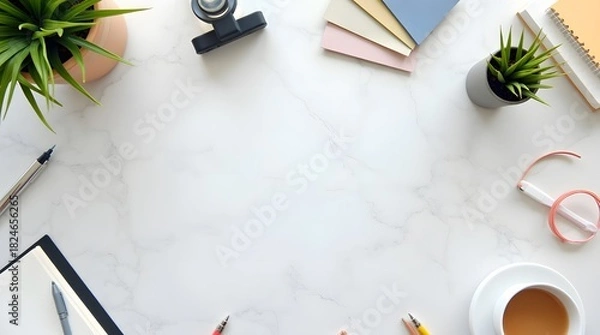 Fototapeta Inspiring workspace flat lay with stationery, coffee, and plants for creative professionals