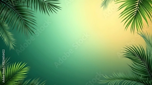 Fototapeta Vibrant green palm fronds frame a soft gradient background transitioning from emerald to golden yellow,