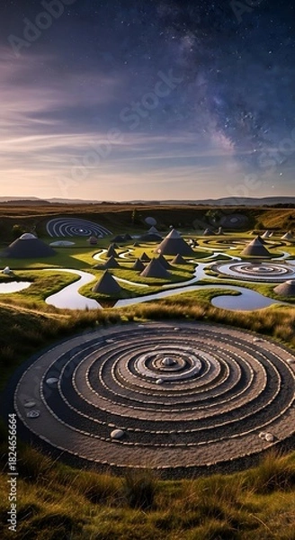 Obraz A scenic landscape features a unique series of mounds with concentric circles under a starry sky. Water and grass fill the valleys