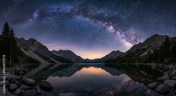 Fototapeta A scenic nightscape with the Milky Way arching over a tranquil lake, surrounded by mountains and trees. The water reflects the stars