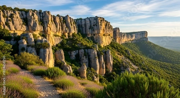 Fototapeta A scenic panoramic view of a massive cliff face bathed in the golden light of the setting sun, with lavender fields