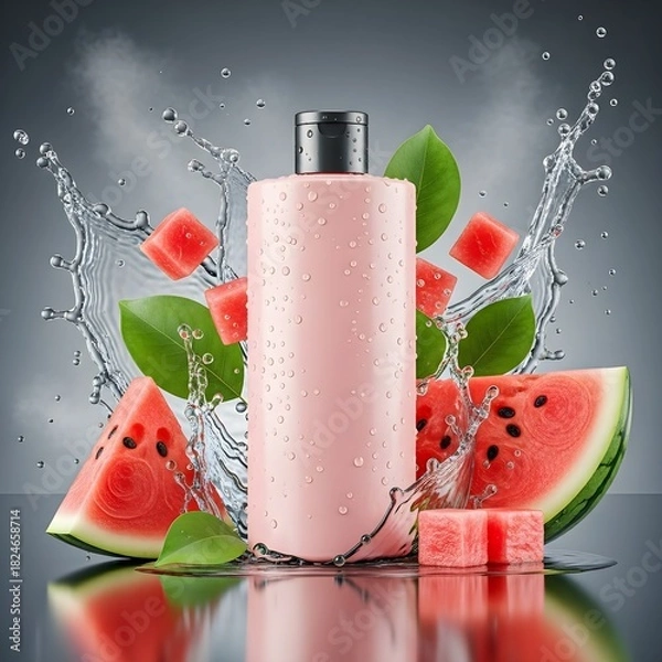 Obraz Juicy watermelon and slices with water splashes against a gray backdrop, emphasizing freshness and summer vibes.