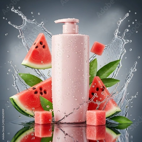 Obraz Watermelon and its slices surrounded by splashes of water on a gray surface, showcasing their bright red and green hues.