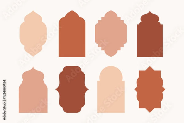 Fototapeta Islamic windows and arches. Abstract arabic mosque frames with traditional ornamental architectural design, oriental minimal doors dome and lanterns boho modern style. Vector set