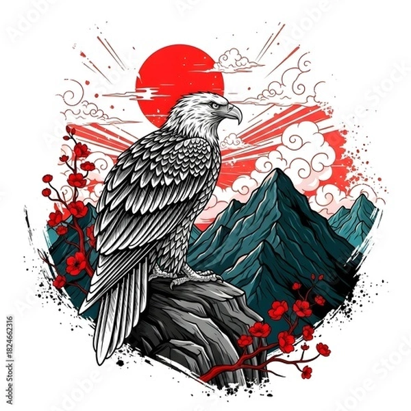 Obraz A majestic eagle resting on a rock, silhouetted against a glowing red sun.