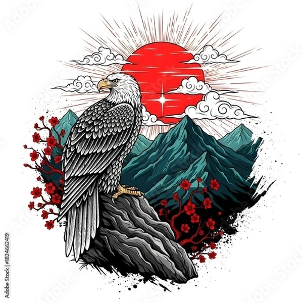 Obraz An eagle sits on a rock, framed by a striking red sun in the background.