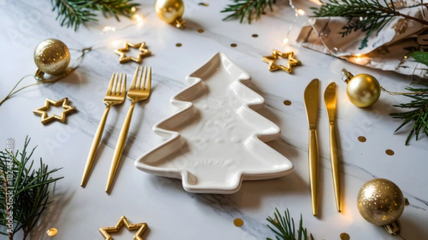 Obraz Christmas table setting with tree plate golden cutlery ornaments and pine branches on marble surface