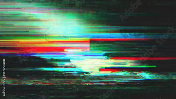 Fototapeta Abstract digital glitch art with vibrant horizontal lines and pixel artifacts, creating a dynamic, distorted visual effect and corrupted data aesthetic.