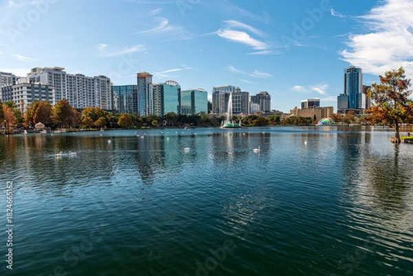 Obraz Amazing view of Orlando skyline in Florida and reflection in Lake Eola.