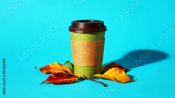 Obraz A green coffee cup with a brown lid and a tan sleeve surrounded by autumn leaves on a blue background