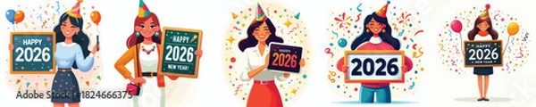 Fototapeta vector of a woman holding up a sign with the number "2026" written on it
