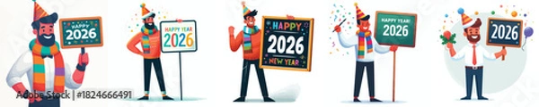 Obraz vector of a man holding up a sign with the number "2026" written on it