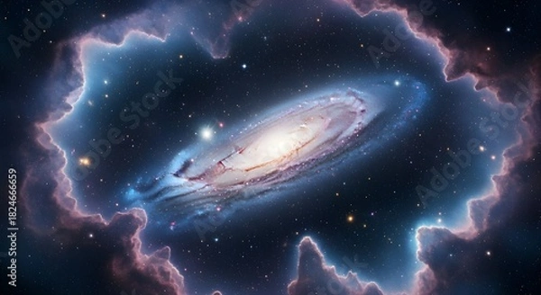 Obraz This image illustrates a spiral galaxy, characterized by its distinctive swirling structure and radiant core.