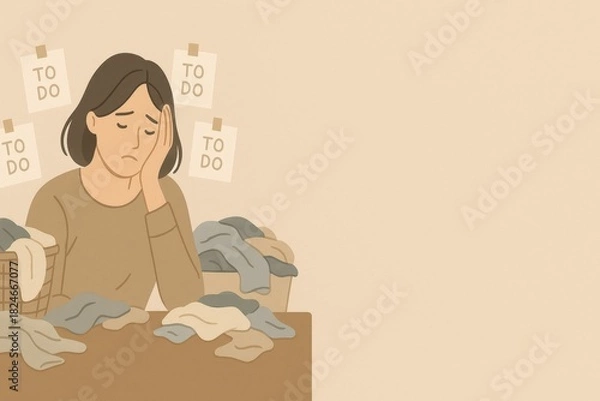 Fototapeta Illustration of Overwhelmed Woman with Laundry and To-Do List