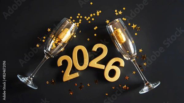 Obraz Champagne glasses with gold confetti and the year two thousand twenty six on a black background