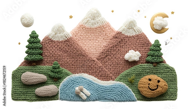 Fototapeta Flat-Lay Knitted Mountain Nature Scene with Snowcapped Peaks, Moon, Stars, Pine Trees, River, Clouds, Moss, and Campsite Rock