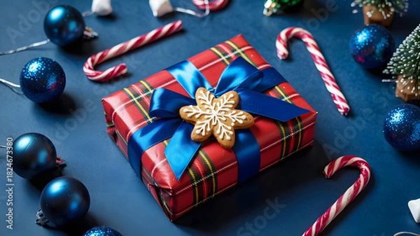 Obraz A christmas gift with blue ribbon and snowflake cookie surrounded by ornaments and candy canes on blue