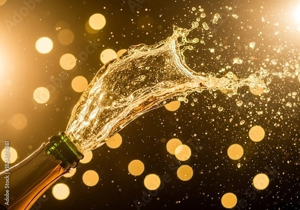 Fototapeta Champagne explosion celebration with golden bokeh lights for new year s eve