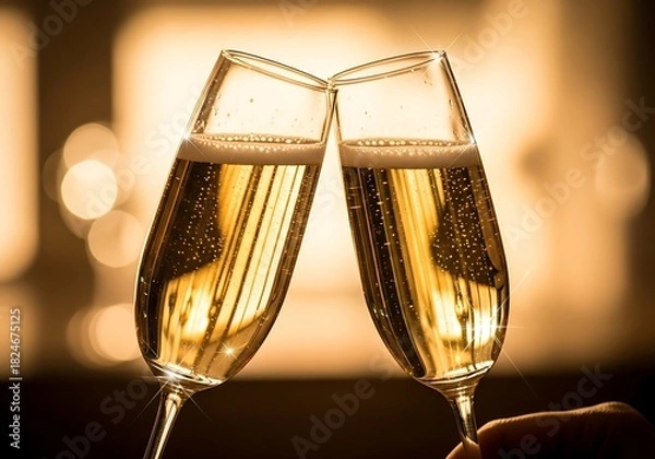 Fototapeta Champagne toast celebration two flutes clinking against a warm blurred background