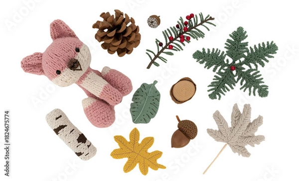Fototapeta Top-View Luxurious Kawaii Knitted Forest Bundle with Fox, Pinecone, Berries, Fern, Birch Leaf, Log Slice, Acorn, Mushroom, and Winter Leaf