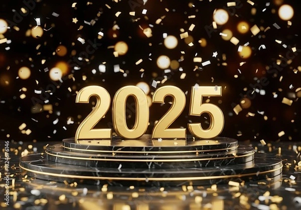 Fototapeta Golden 2025 new year on a stage with confetti and bokeh lights