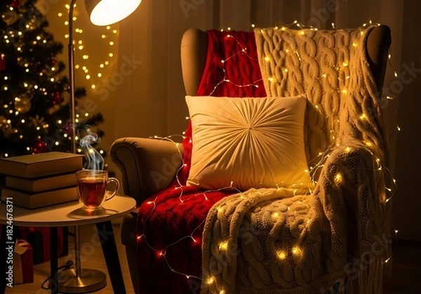 Fototapeta Cozy christmas evening scene with armchair lights and decorated tree