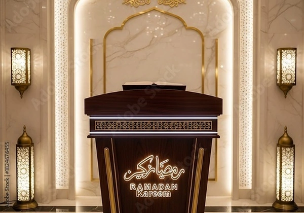 Fototapeta Elegant minbar in a mosque with ornate decorations and warm lighting