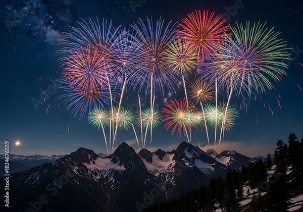 Fototapeta Vibrant fireworks display over mountain peaks under a starry night sky
