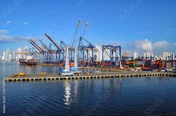 Fototapeta Container ship pier in Cartagena,Columbia