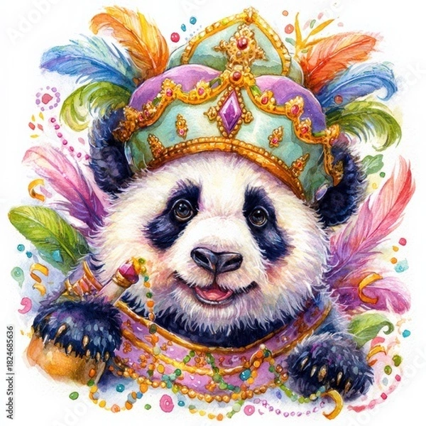 Fototapeta Colorful panda in royal attire with feathers and beads during festive celebration