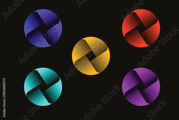 Fototapeta Abstract Geometric Circular Logo Design With Folded Ribbon Effect in Blue Color Isolated on Black Background Vector Art Flat Illustration