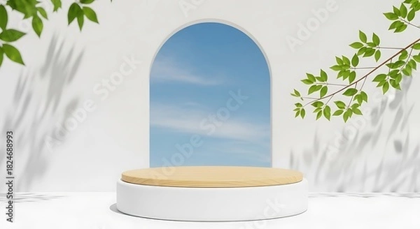 Fototapeta Minimalist product display podium with arch and sky background for cosmetic showcase