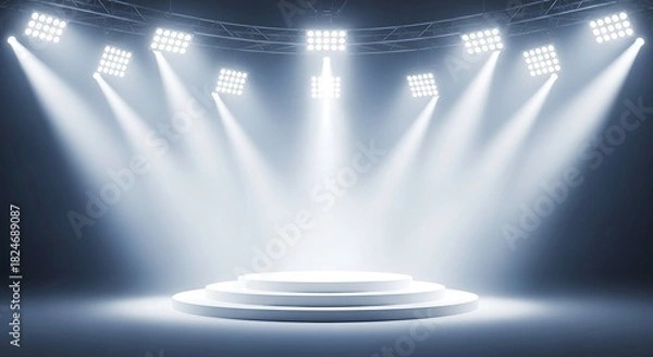 Fototapeta Illuminated stage with white podium and bright spotlights for presentation or performance