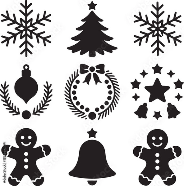 Fototapeta Black and White Christmas Icons Vector Illustration Holiday Season Set