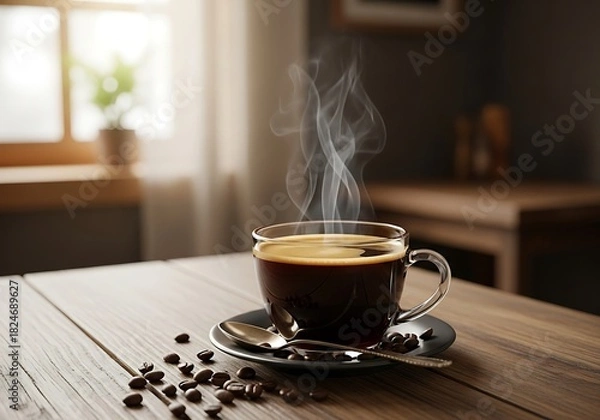 Fototapeta Steaming cup of coffee on wooden table with coffee beans scattered around