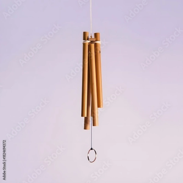 Fototapeta Golden chimes hanging against a softly lit background
