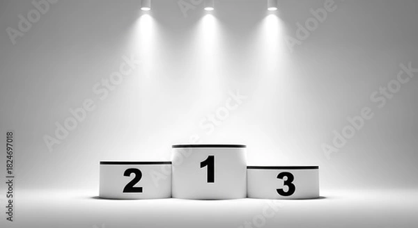 Fototapeta Illuminated winners podium with first second and third place designations on a white background