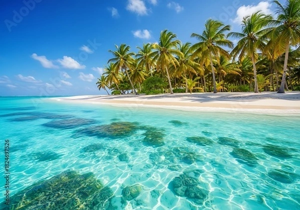 Fototapeta Tropical paradise beach with turquoise water and palm trees on a sunny day
