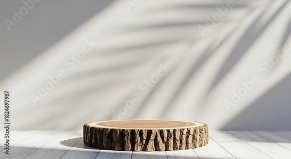 Fototapeta Wooden pedestal display with palm leaf shadow for product presentation and mockups