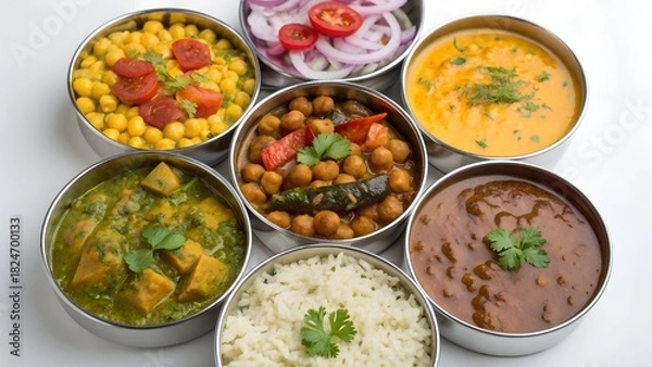 Fototapeta A vibrant assortment of indian curries and rice served in traditional metal bowls offering a delicious culinary experience