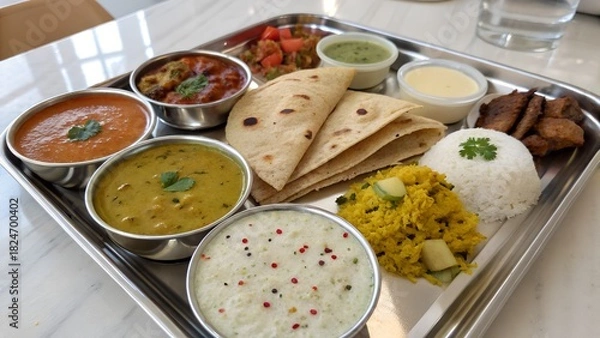 Fototapeta A vibrant and diverse indian thali meal featuring an assortment of curries rice bread and chutneys presented on a metal tray