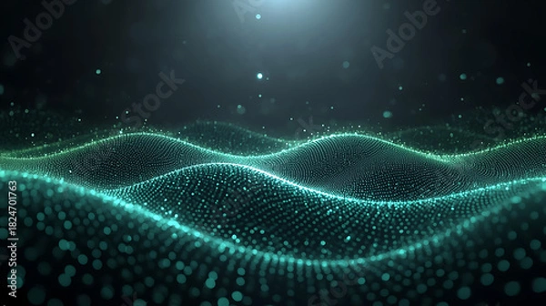 Fototapeta glowing teal green particle wave on dark background for abstract tech visualization