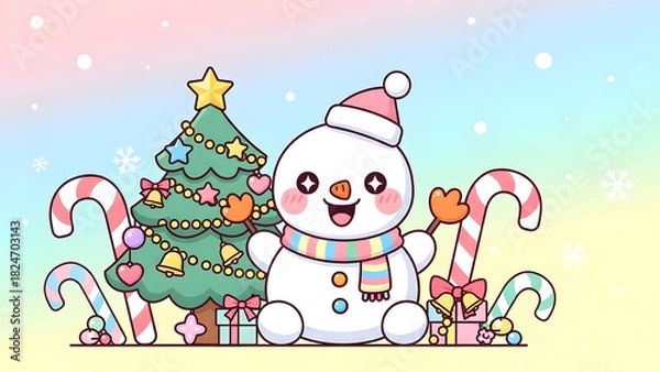 Fototapeta Cartoon snowman and christmas tree illustration