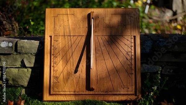 Fototapeta Rustic wooden serving board with carved design outdoors