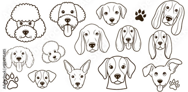 Fototapeta Cute Dog Faces Icons, Collection Of Poodle Beagle And Puppy Symbols For Kids Design Project Management And Education Applications

