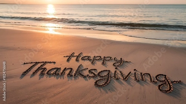 Fototapeta Warm golden sunset over gentle ocean waves illuminating happy thanksgiving message written in the sand on a peaceful beach