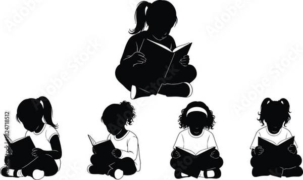 Fototapeta Silhouettes of children sitting and reading books, peaceful study poses, young readers focused on learning in simple black outline design