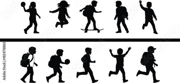 Fototapeta Silhouettes of active school children walking, running, playing, and skateboarding, backpack kid outlines in motion on white background