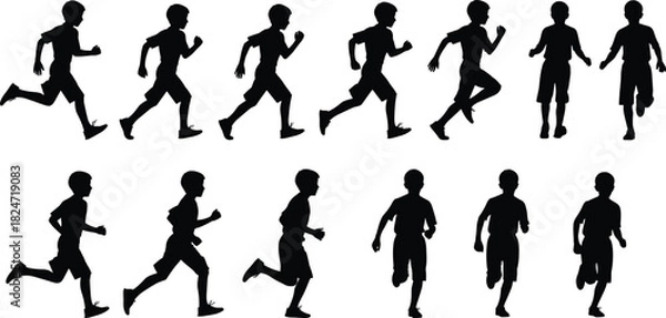Fototapeta Silhouette boys running in various poses, athletic youth movement, active child sports concept, dynamic exercise illustration, isolated black figures collection